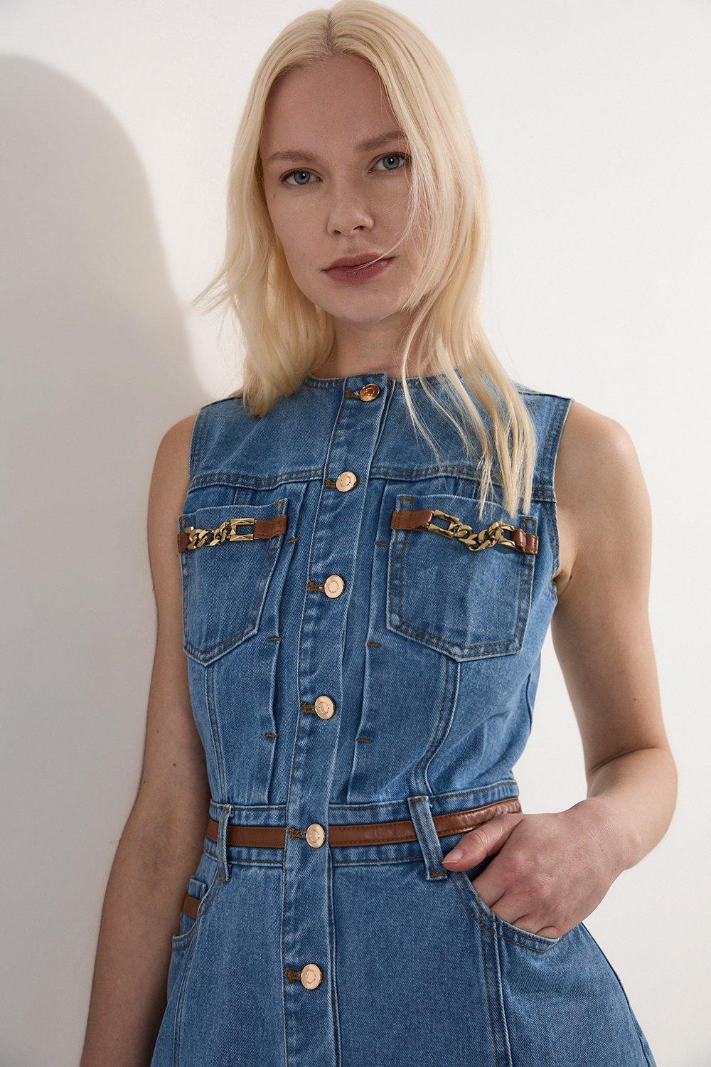 Petite Denim & Faux Leather Tipping Sleeveless Midi Dress